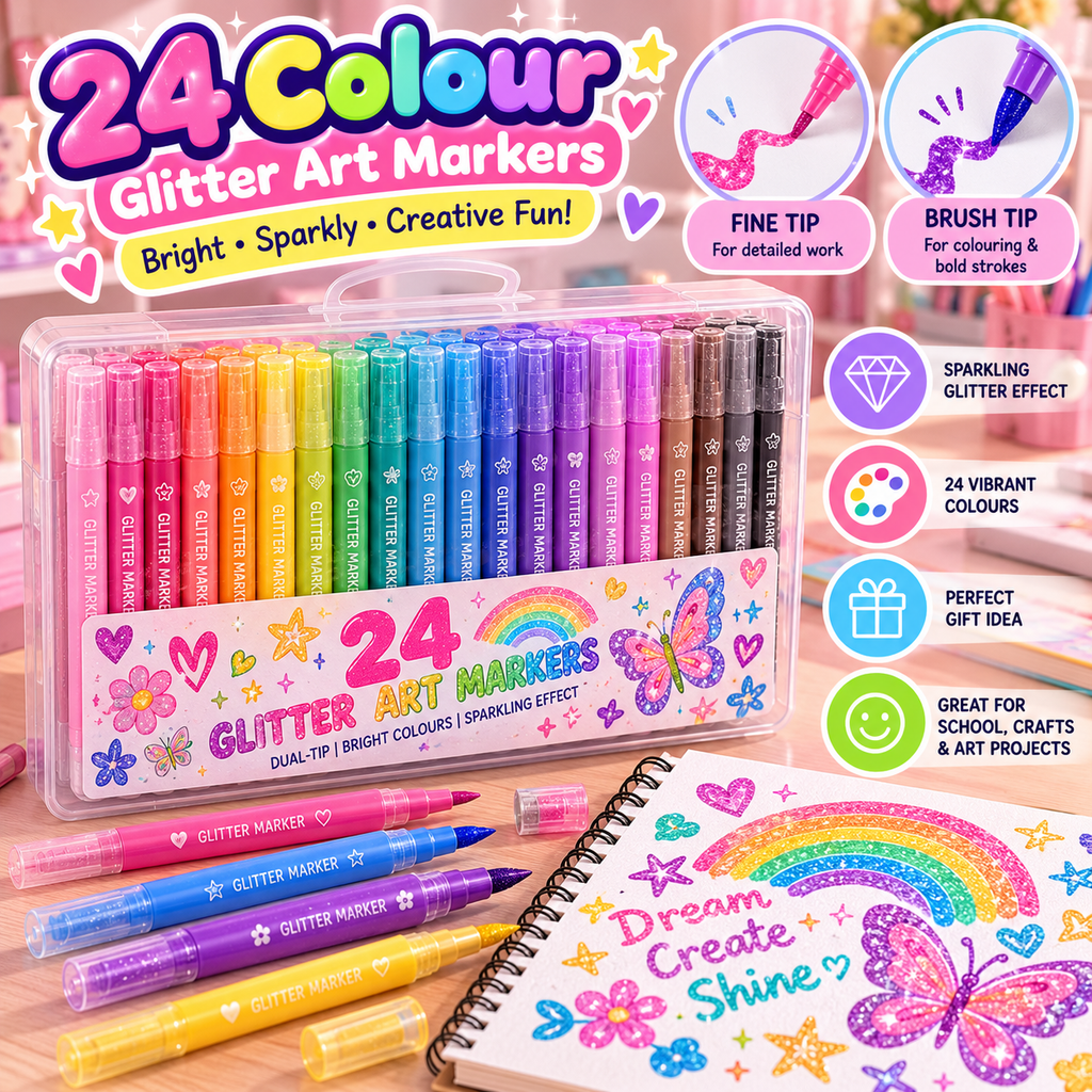 Colourful Dual-Tip Glitter Art Markers | 24-Colour Style