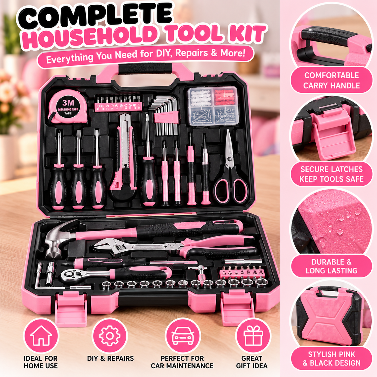 Pink & Black Household Tool Kit | Socket Wrench & DIY Set