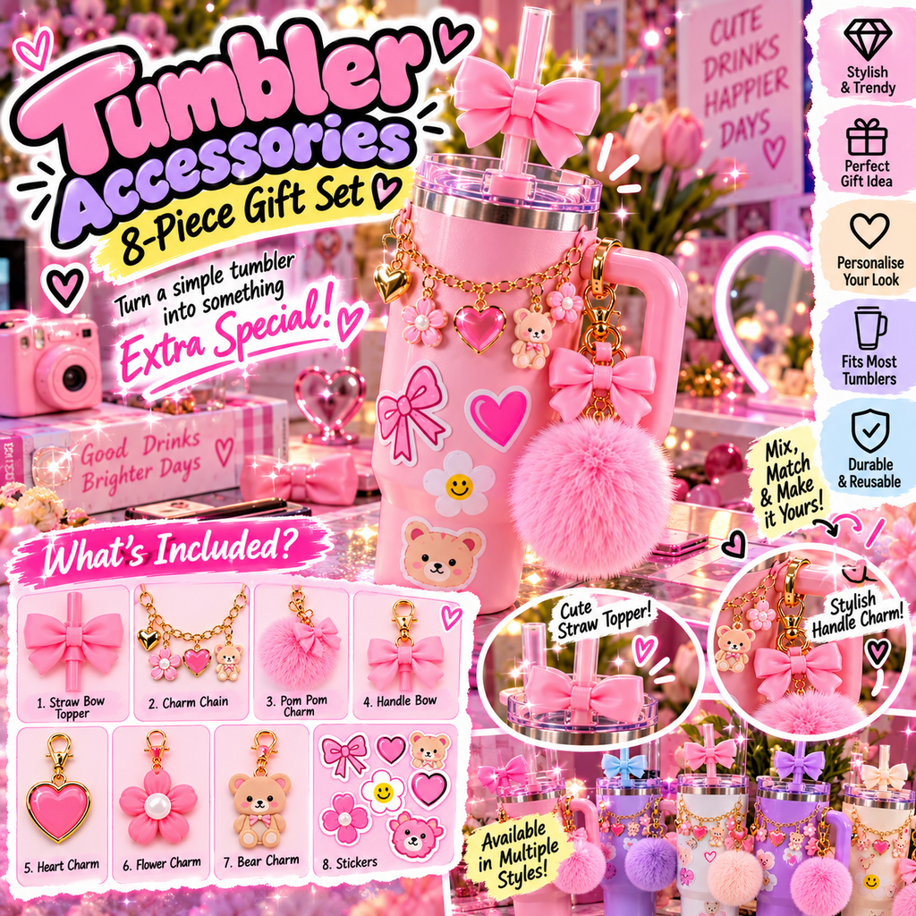 Pink Tumbler Accessories Gift Set | 8-Piece Decorative Kit