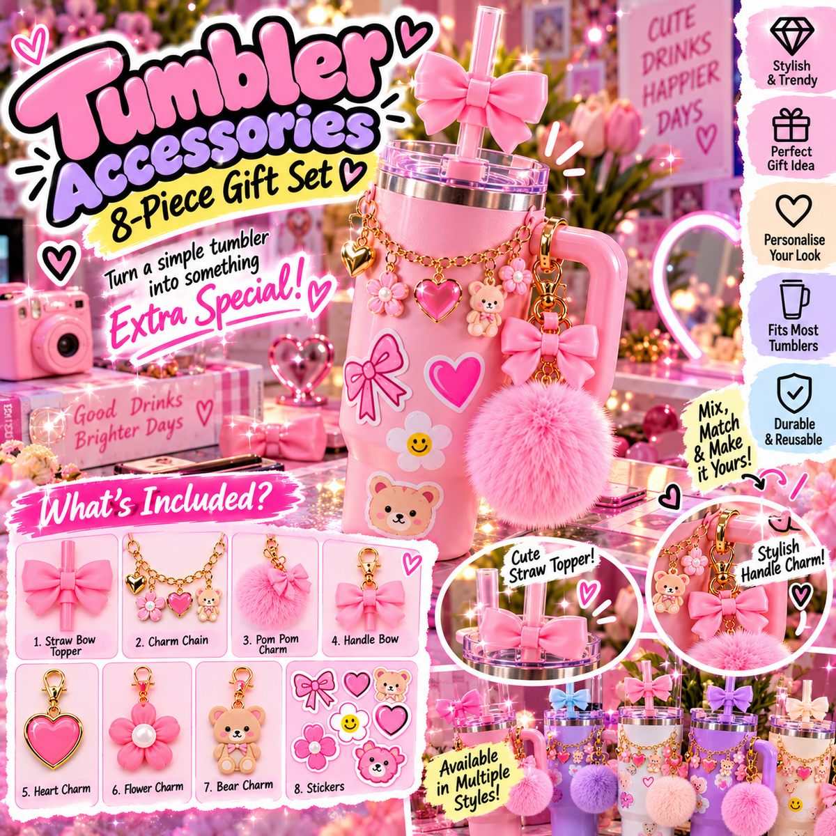Pink Tumbler Accessories Gift Set | 8-Piece Decorative Kit