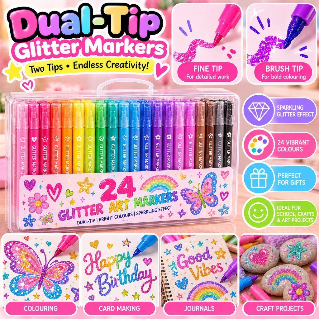Colourful Dual-Tip Glitter Art Markers | 24-Colour Style