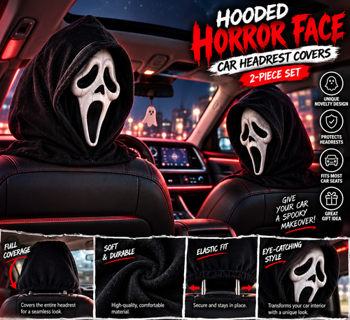 Hooded Horror Face Car Headrest Covers | 2-Piece Novelty Set