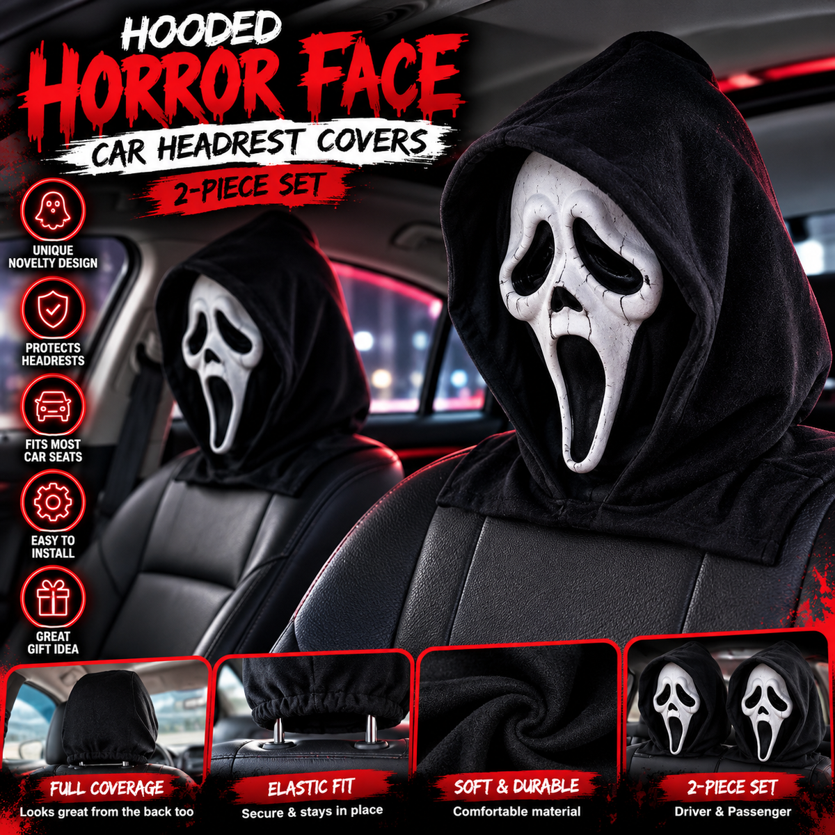 Hooded Horror Face Car Headrest Covers | 2-Piece Novelty Set