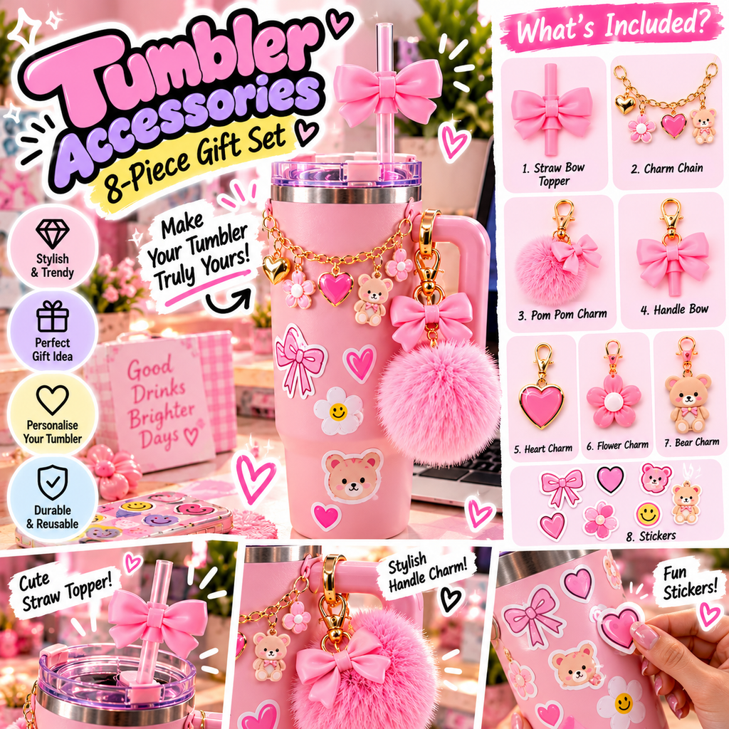 Pink Tumbler Accessories Gift Set | 8-Piece Decorative Kit
