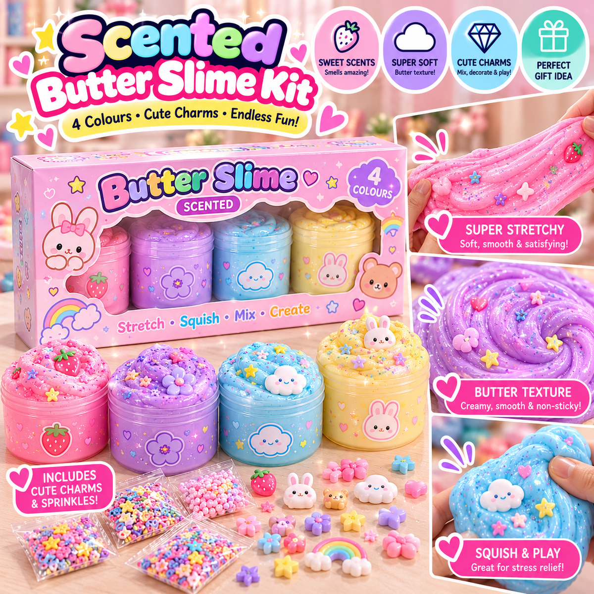 Pastel Scented Butter Slime Kit with Cute Charms | Four-Colour Style