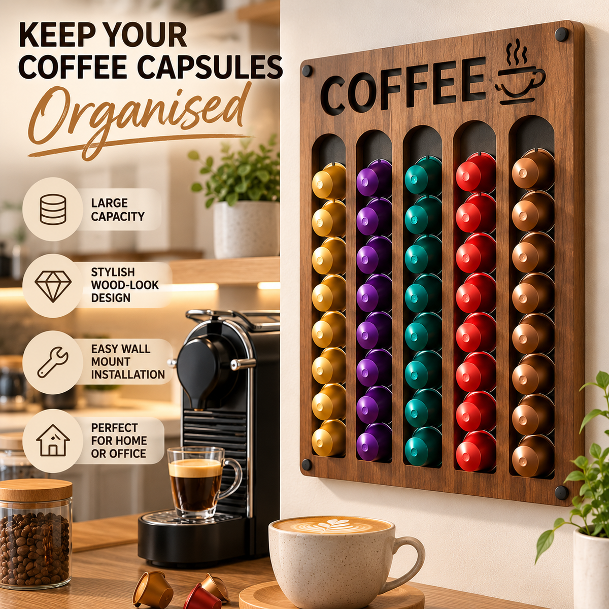 Wall-Mounted Coffee Capsule Storage Rack | Wood-Look Coffee Organiser