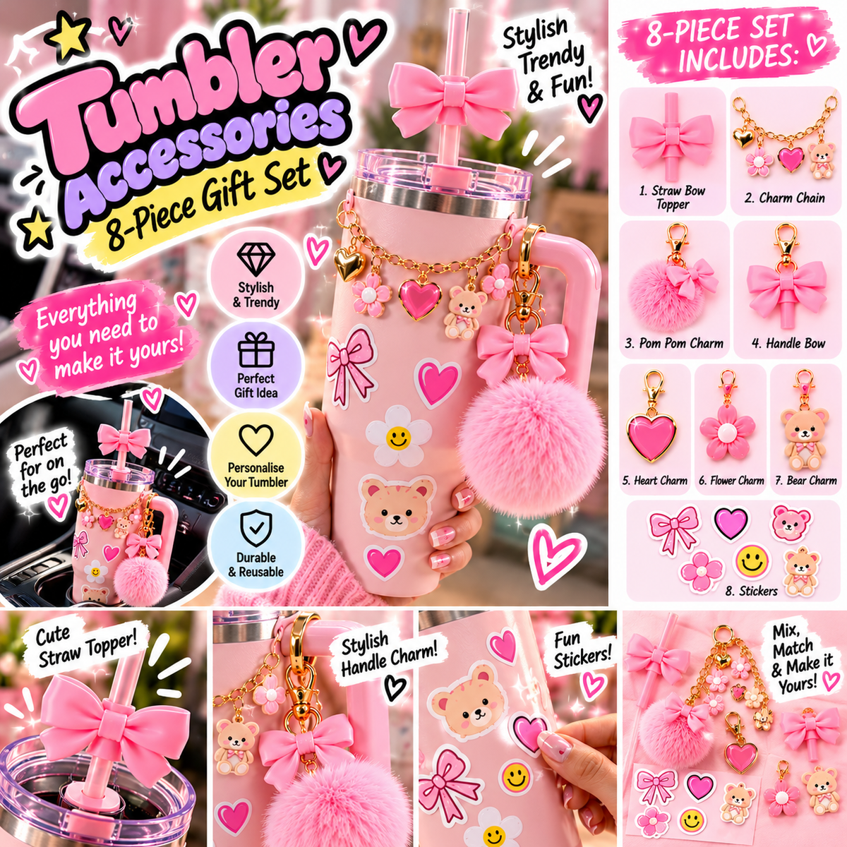 Pink Tumbler Accessories Gift Set | 8-Piece Decorative Kit