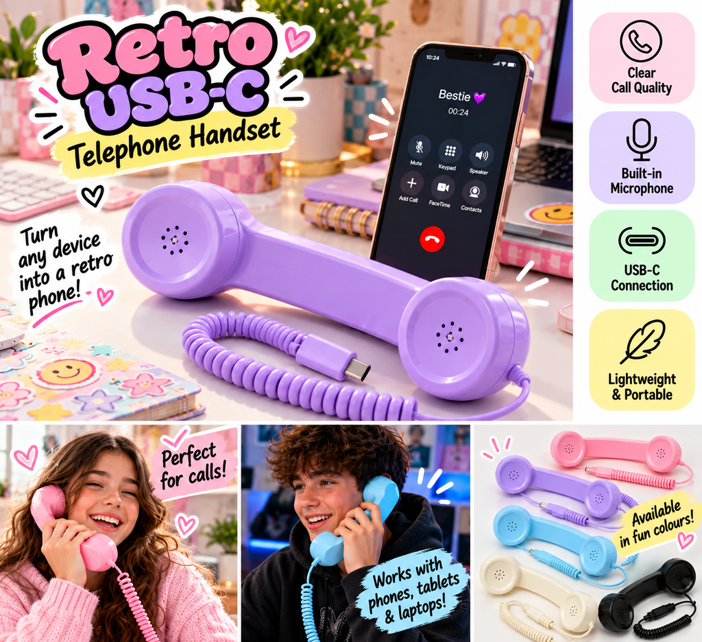 Retro USB-C Telephone Handset with Microphone | Colourful Phone Receiver
