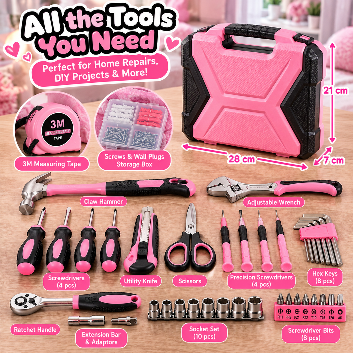 Pink & Black Household Tool Kit | Socket Wrench & DIY Set