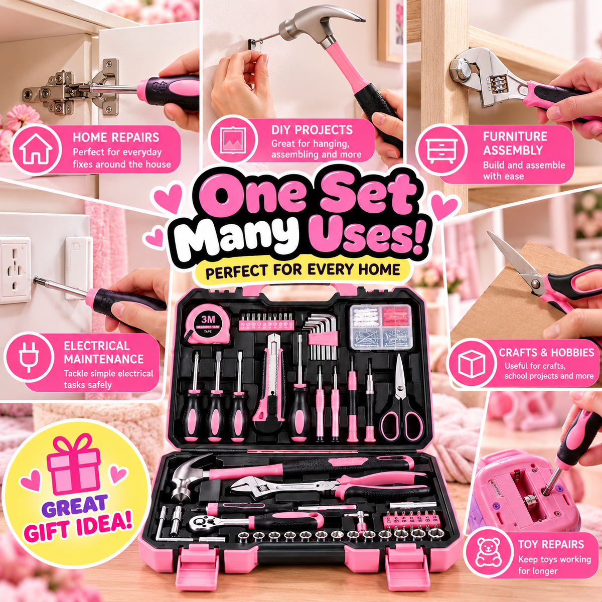 Pink & Black Household Tool Kit | Socket Wrench & DIY Set