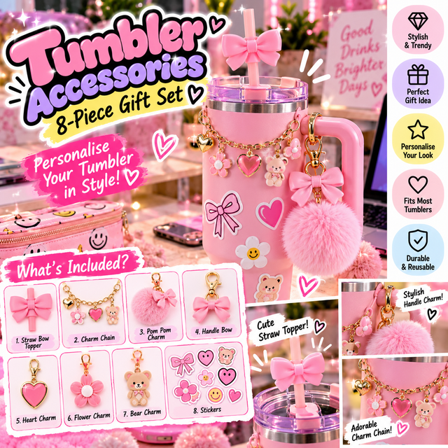 Pink Tumbler Accessories Gift Set | 8-Piece Decorative Kit – Happy Findings