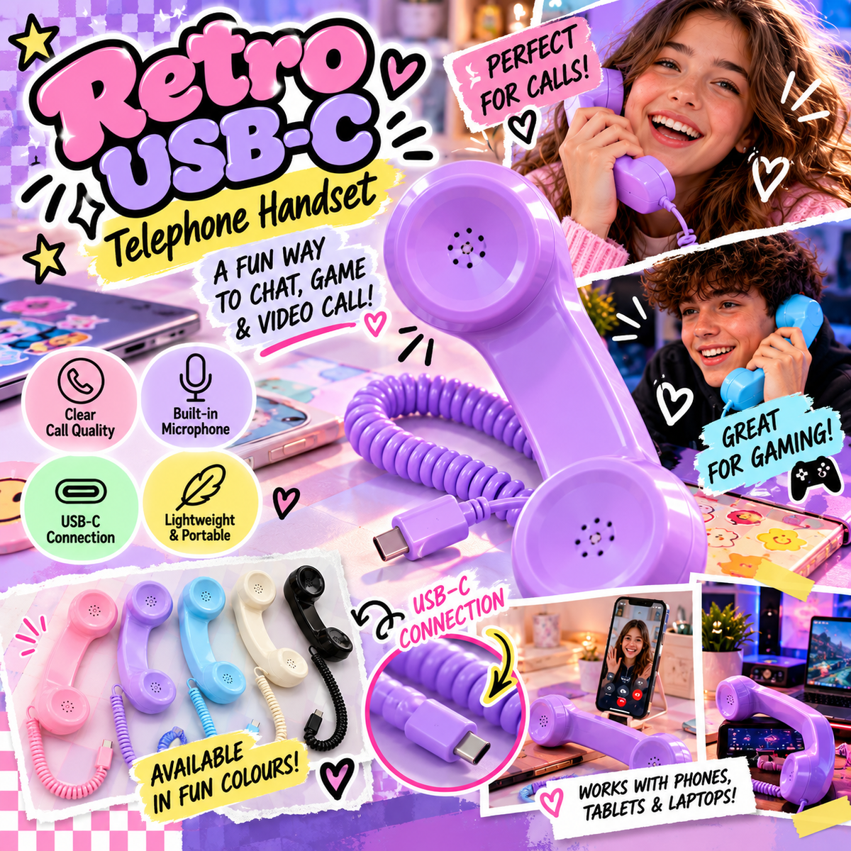 Retro USB-C Telephone Handset with Microphone | Colourful Phone Receiver