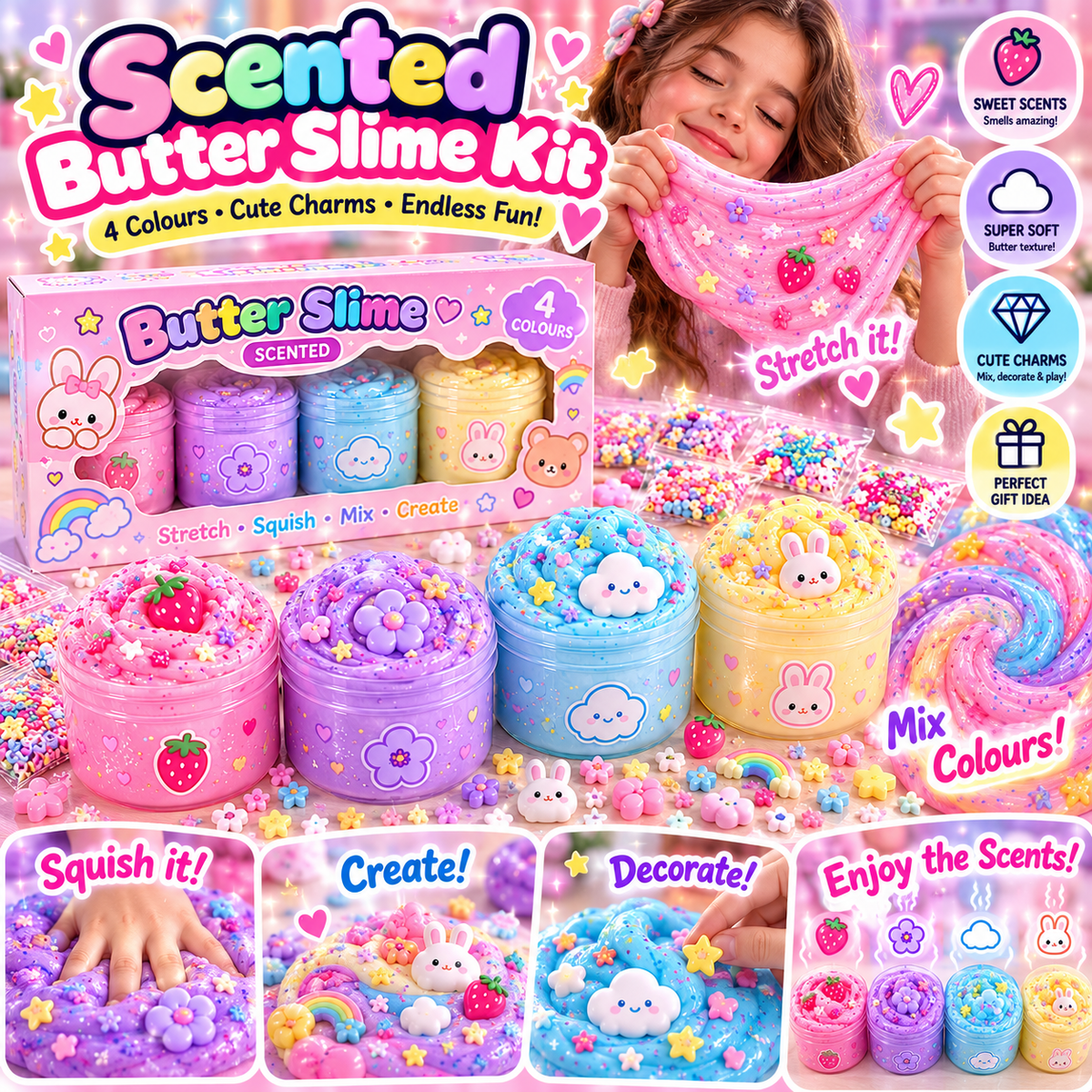 Pastel Scented Butter Slime Kit with Cute Charms | Four-Colour Style