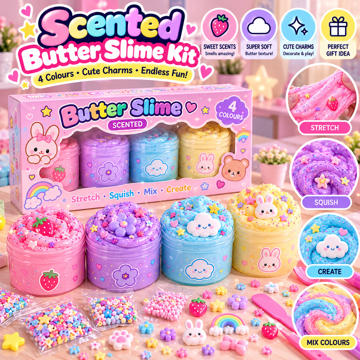 Pastel Scented Butter Slime Kit with Cute Charms | Four-Colour Style
