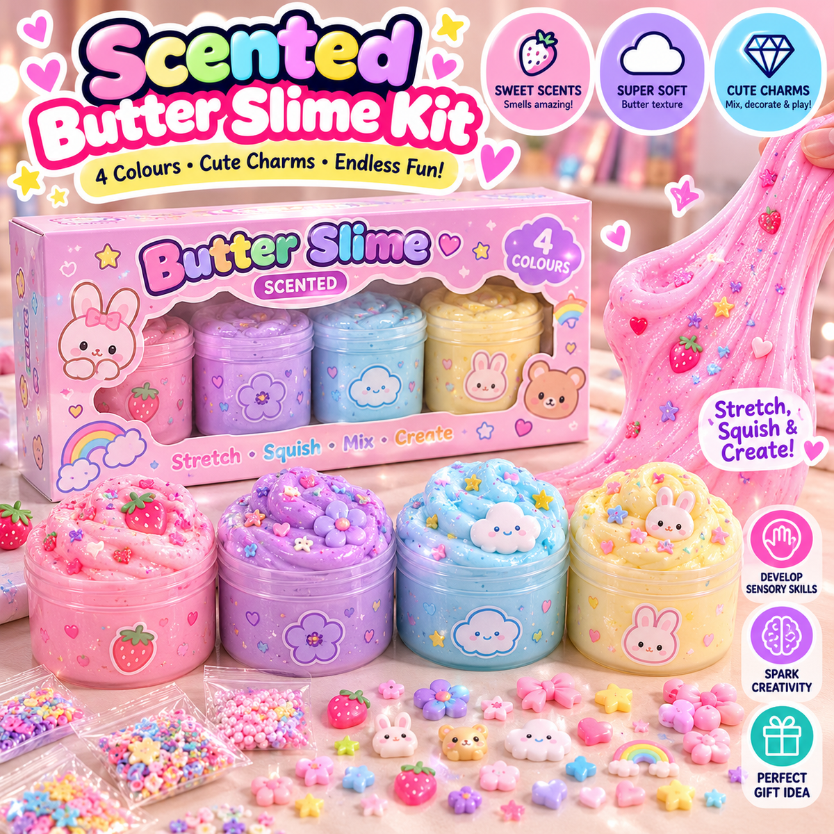 Pastel Scented Butter Slime Kit with Cute Charms | Four-Colour Style