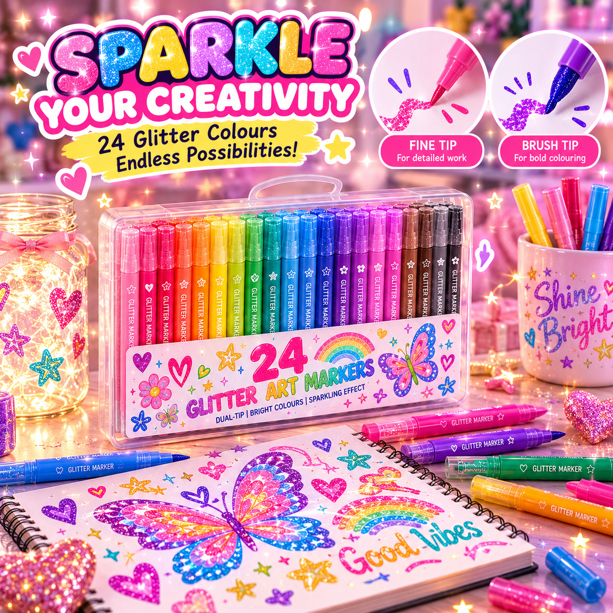 Colourful Dual-Tip Glitter Art Markers | 24-Colour Style