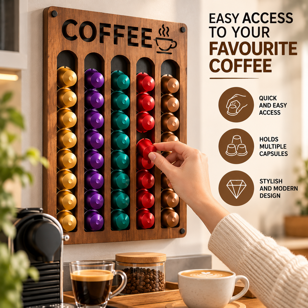 Wall-Mounted Coffee Capsule Storage Rack | Wood-Look Coffee Organiser