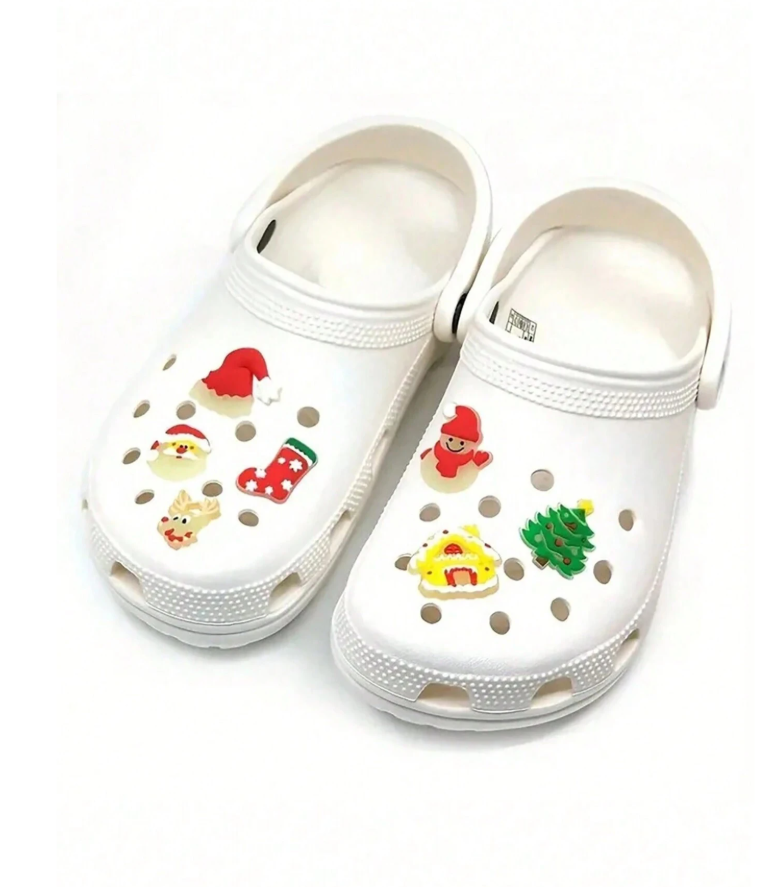 Seven Christmas charms displayed across two clogs; shoes not included