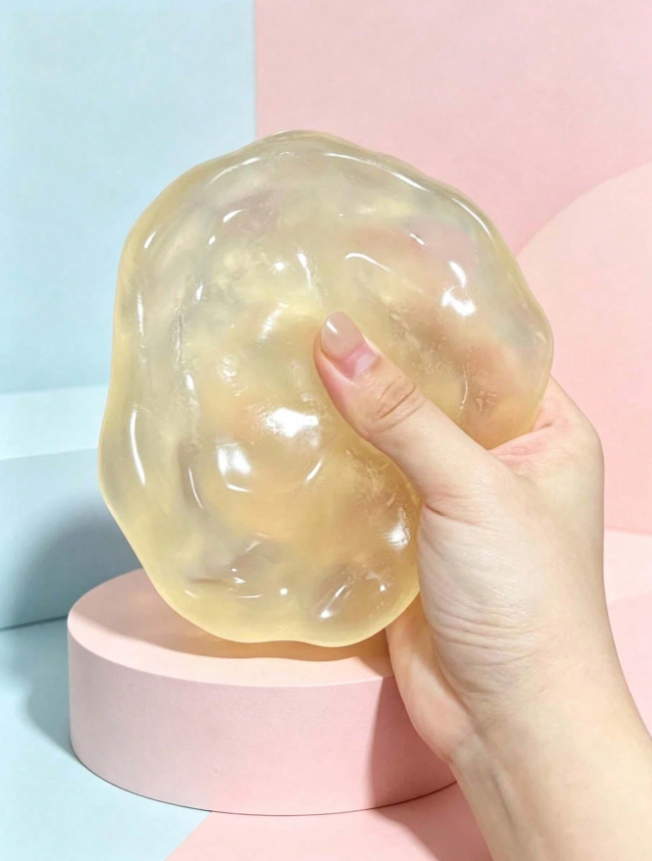 Clear squishy stress ball squeezed in hand